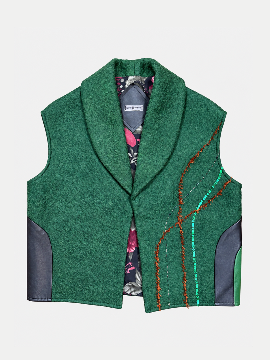 Menar Felt Vest | Green with Brick Embroidery
