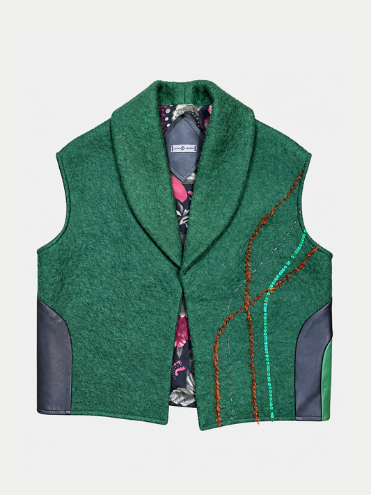 Menar Felt Vest | Green with Brick Embroidery