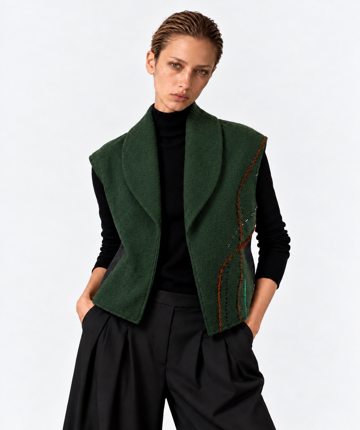 Menar Felt Vest | Green with Brick Embroidery